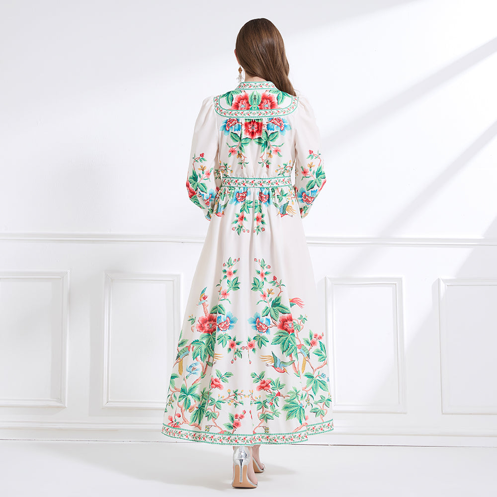 Original design Spring/summer resort-style V-neck, linen, floral, printed, balloon-sleeved, waist-cinching, ruffled maxi skirt