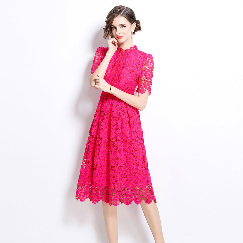 Original design short sleeved slimming hollow out water-soluble lace positioning mid length dress