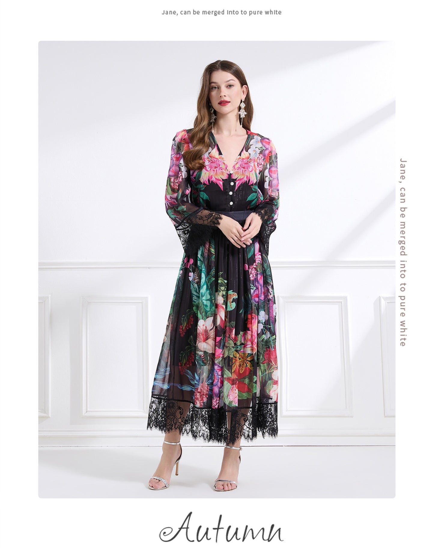 Original design Spring/summer resort V-neck lace print suit with waist ruffle maxi dress