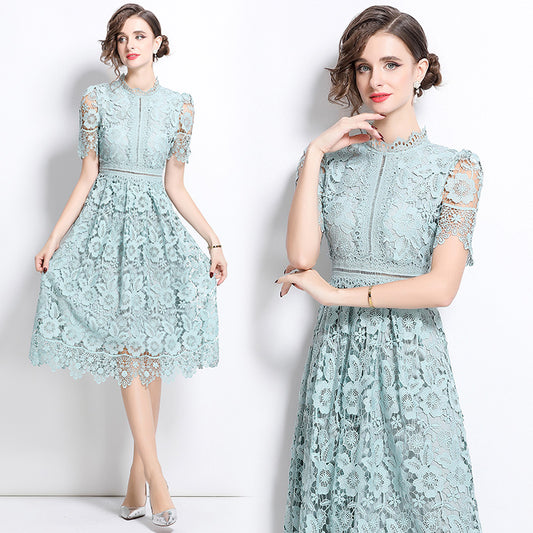 Original design short sleeved slimming hollow out water-soluble lace positioning mid length dress