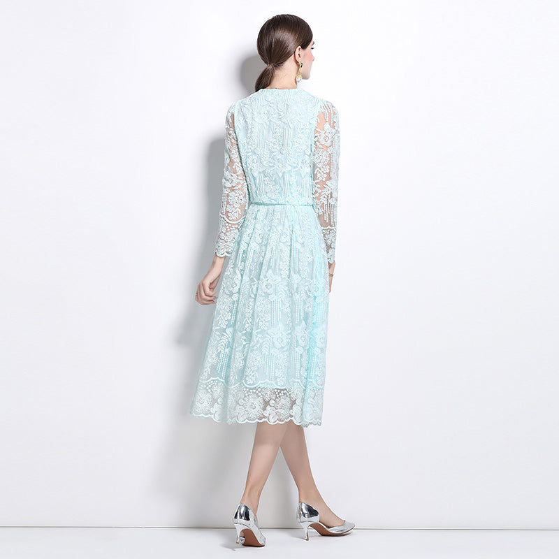 Original design for spring and summer long sleeved small fragrance style set light luxury temperament water-soluble lace skirt two-piece set