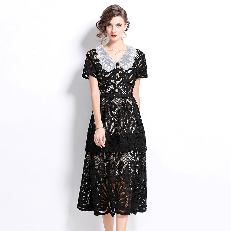 Original Design: Spring and Summer High End Water soluble Embroidered Medium length Skirt with V-neck and Waist cinching to Look Thin Dress