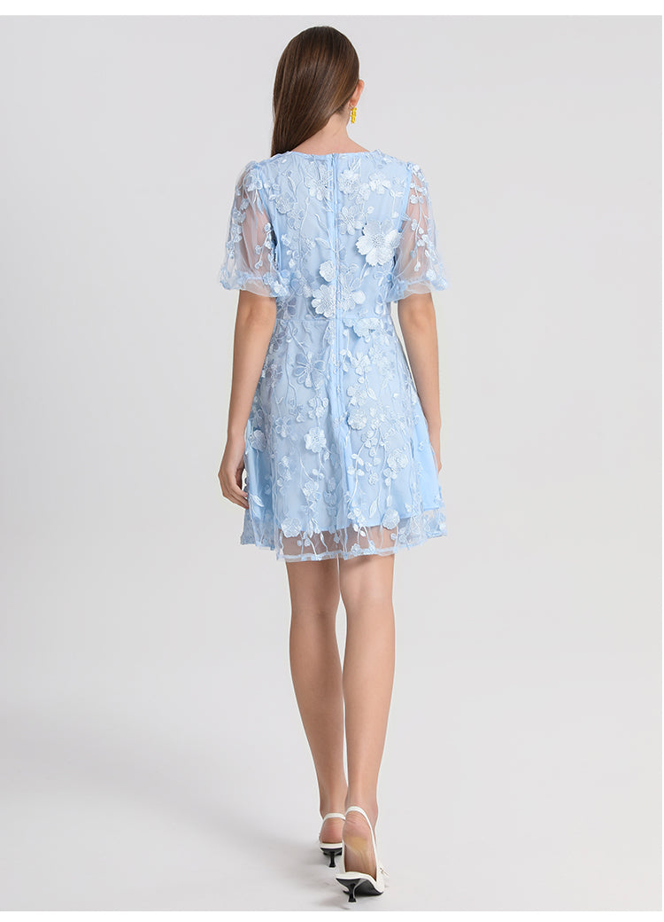 Artwork boutique handmade three-dimensional embroidered French solid color hem VL neck puff sleeve dress
