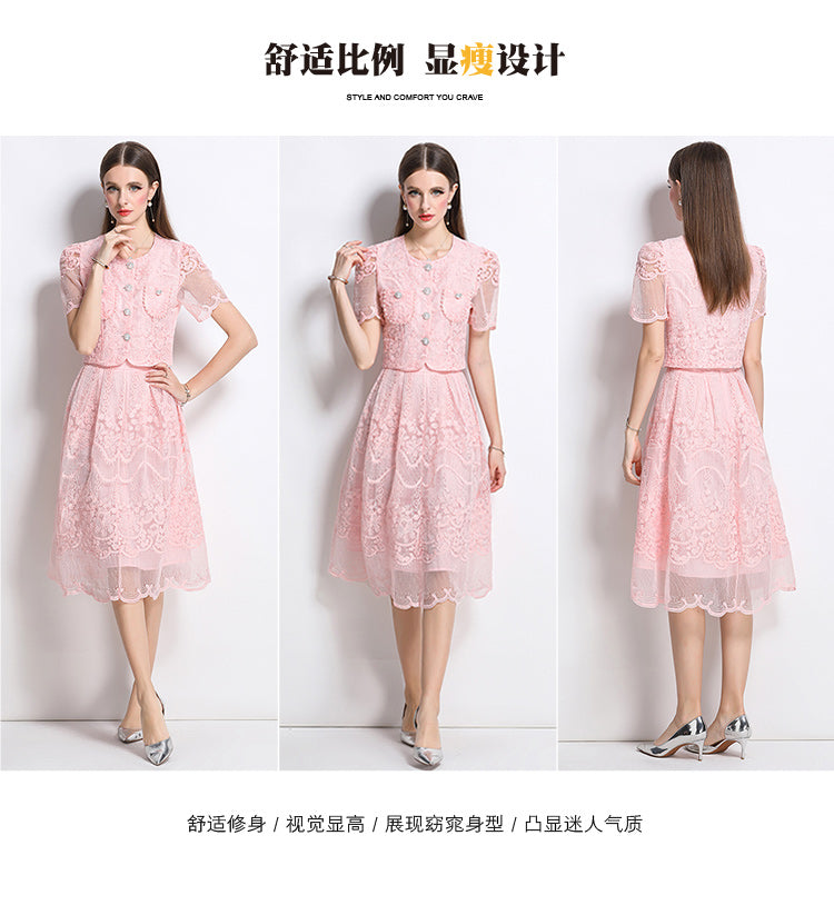 Original design for spring and summer small fragrance style set light luxury and high-end water-soluble lace skirt two-piece set