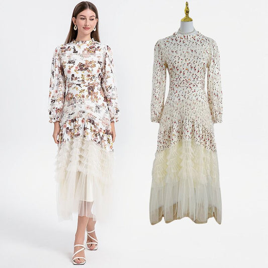 Artwork boutique print patchwork mesh fungus trimmed French court-style women's dress