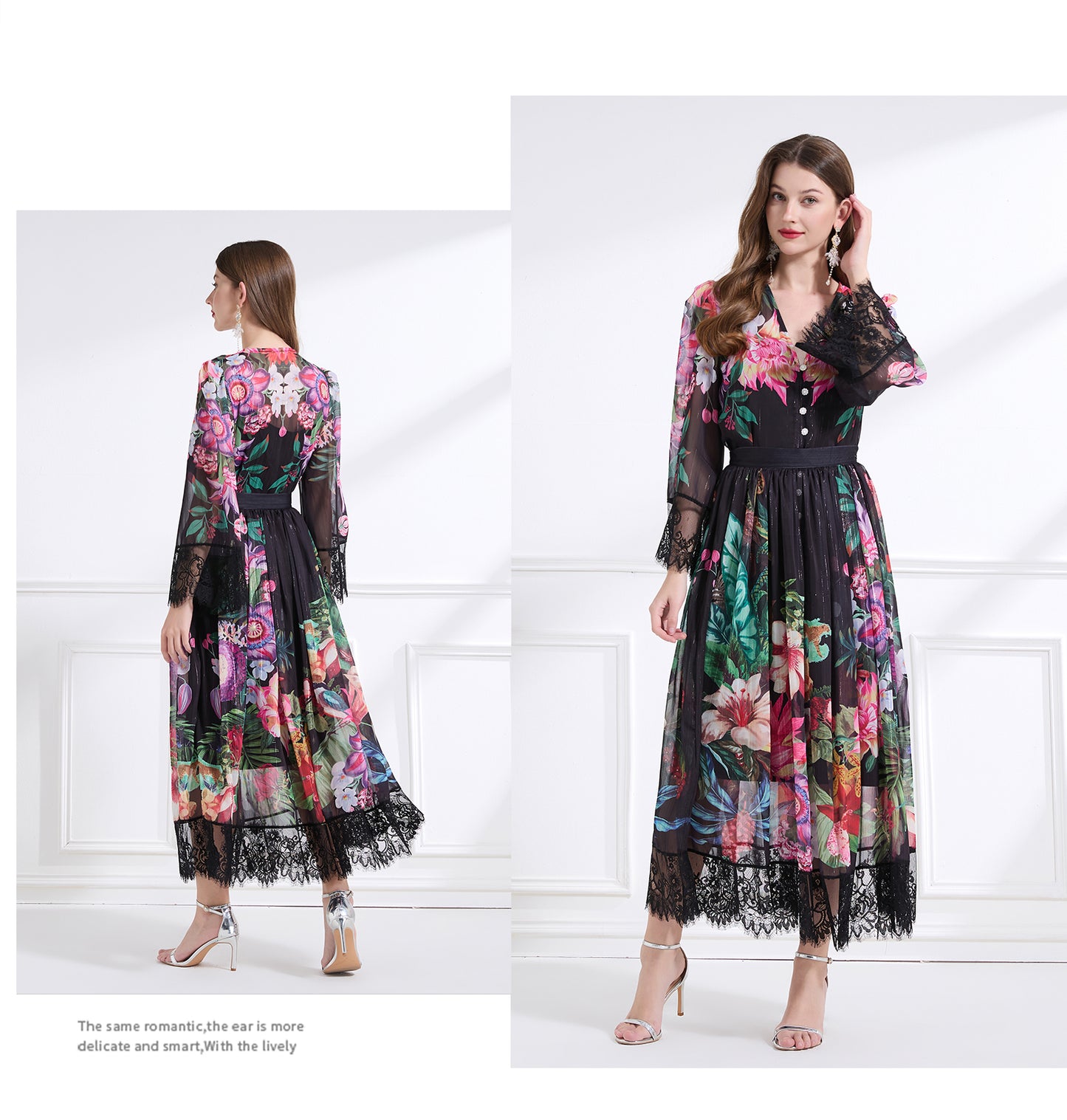 Original design Spring/summer resort V-neck lace print suit with waist ruffle maxi dress