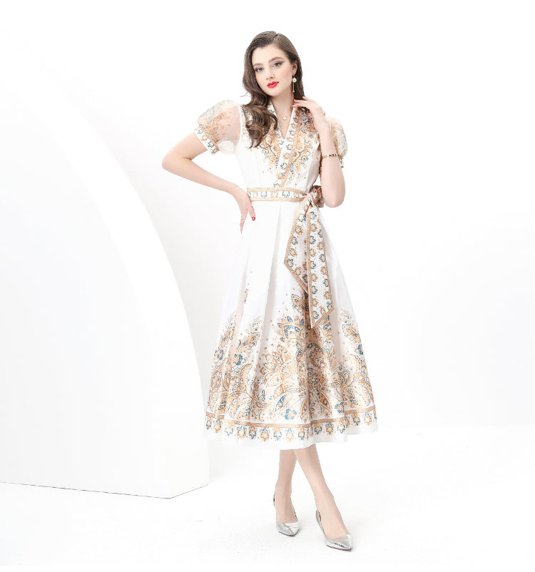 Spring/summer wrap tie style V-neck balloon sleeve long vintage print dress