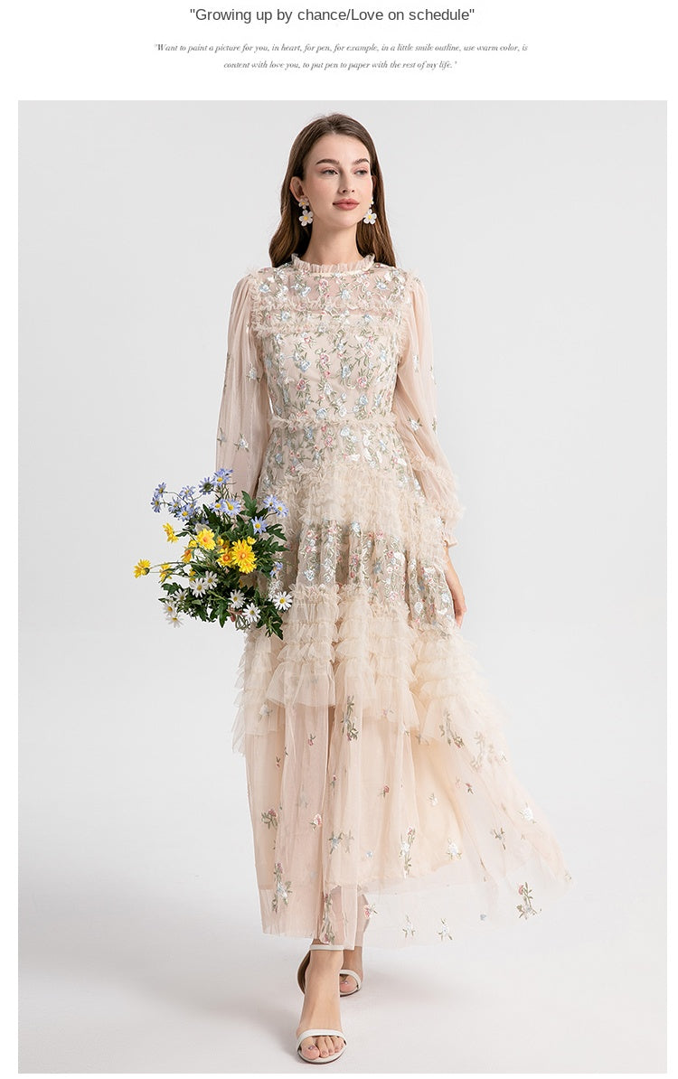 Original Design Women's Countryside Forest Style Heavy Industry Colorful Embroidered Black Fungus Edge Large Swing Dress