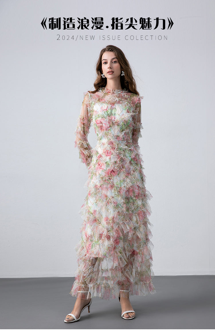 Original design boutique heavy industry romantic fairy temperament printed fungus edge French dress