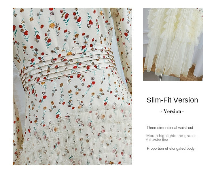 Original Design Heavy Industry Boutique Printed Splicing Mesh Wooden Ear French Palace Style Dress