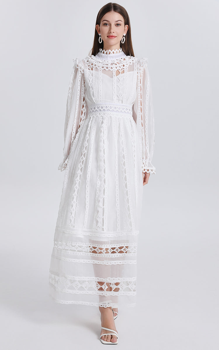 Art cut-out embroidered solid color French maxi skirt waist temperament women's dress