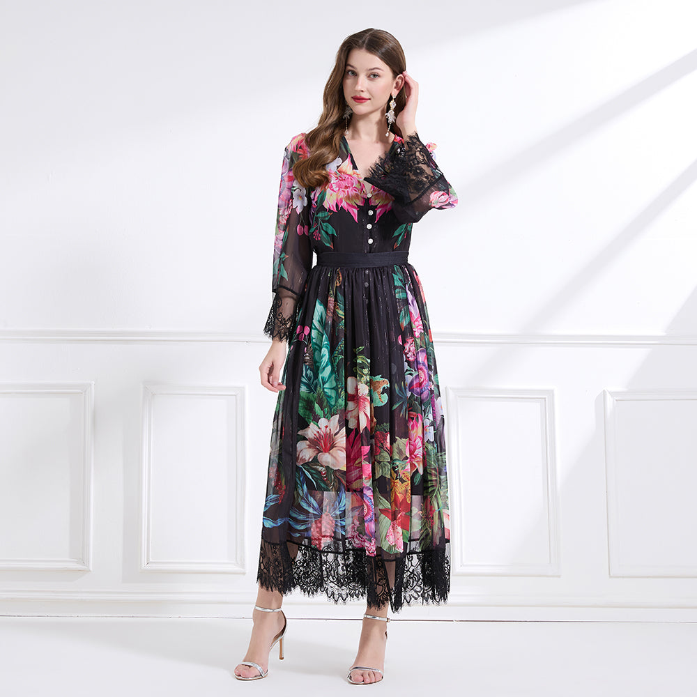 Original design Spring/summer resort V-neck lace print suit with waist ruffle maxi dress