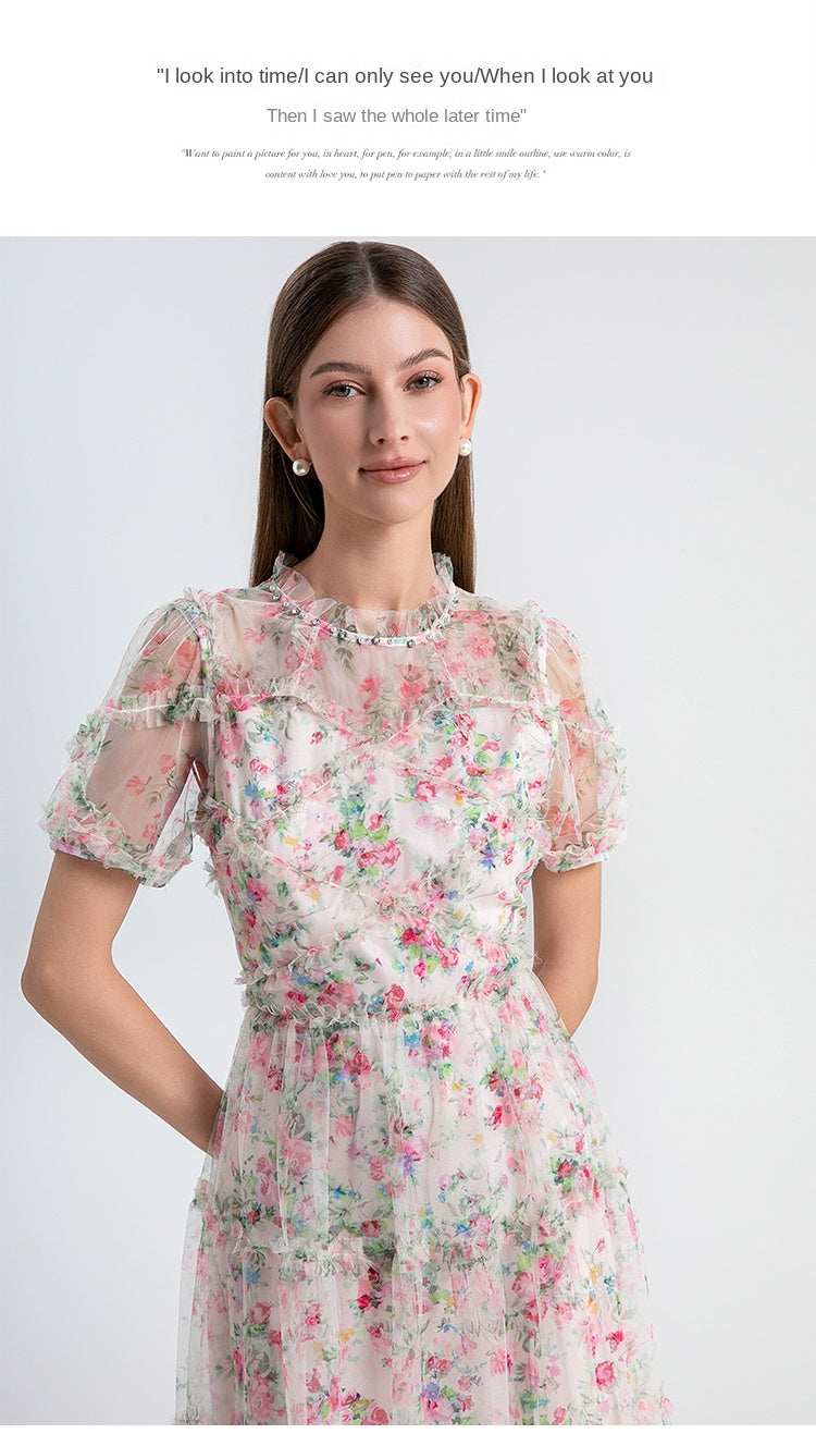 Original design heavy industry nail drill small floral French boutique mesh summer sweet dress