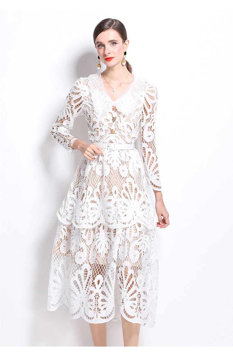 Original Design: Spring and Summer High End Water soluble Embroidered Medium length Skirt with V-neck and Waist cinching to Look Thin Dress