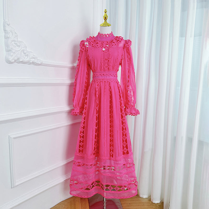 Art cut-out embroidered solid color French maxi skirt waist temperament women's dress