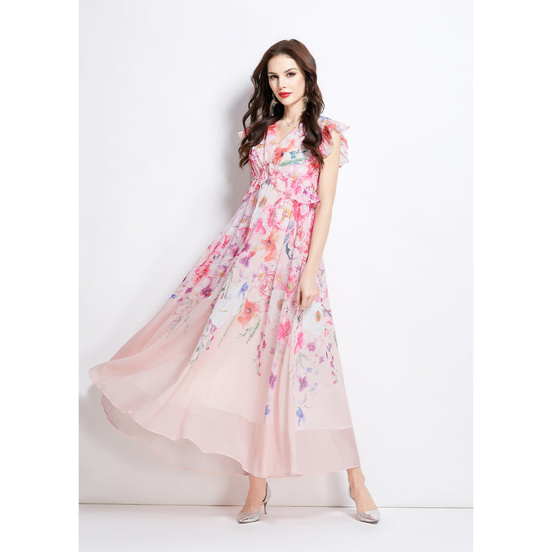Original Design Spring/Summer Retro Flower Little Fly Sleeve Long Dress
