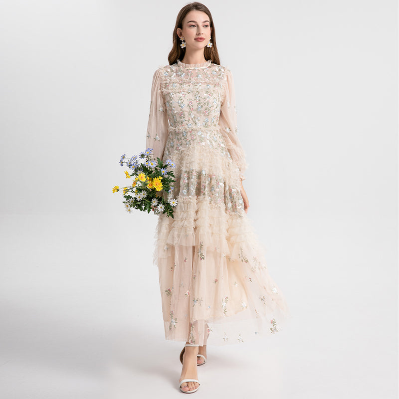 Original Design Women's Countryside Forest Style Heavy Industry Colorful Embroidered Black Fungus Edge Large Swing Dress