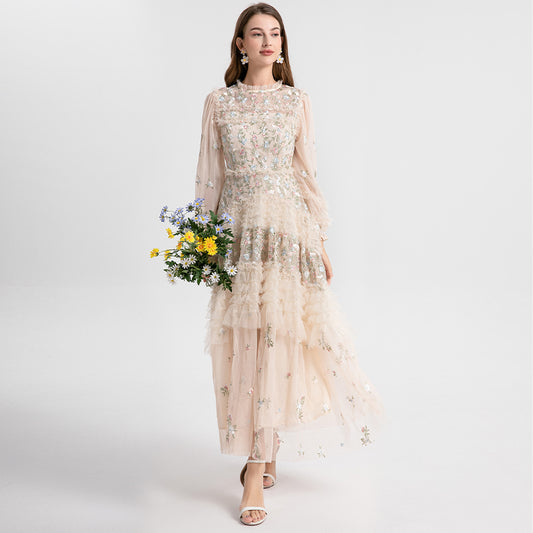 Original Design Women's Countryside Forest Style Heavy Industry Colorful Embroidered Black Fungus Edge Large Swing Dress