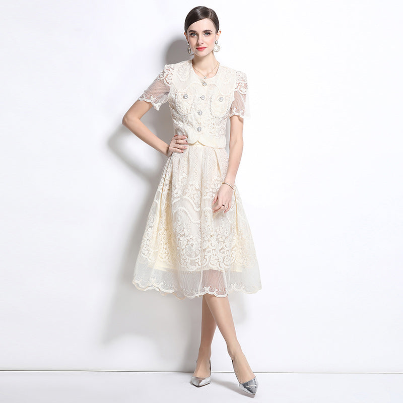 Original design for spring and summer small fragrance style set light luxury and high-end water-soluble lace skirt two-piece set