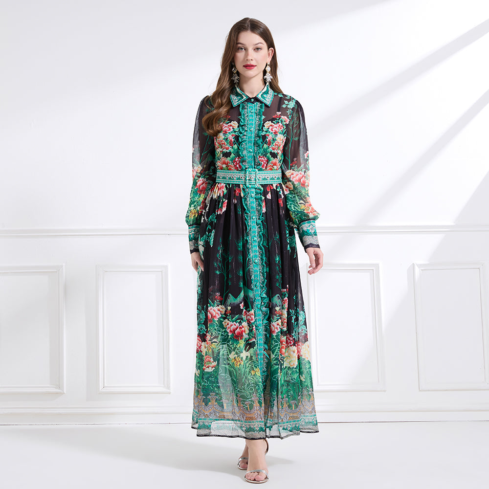 Original design - Spring/Summer, Autumn chiffon shirt collar print, long sleeves, cinched waist, ruffled maxi skirt