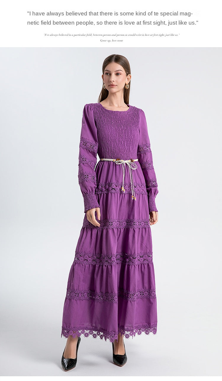 The French vintage maxi skirt is cut-out and laced in a solid color, cinching the waist and showing a slim round neck, lace panels