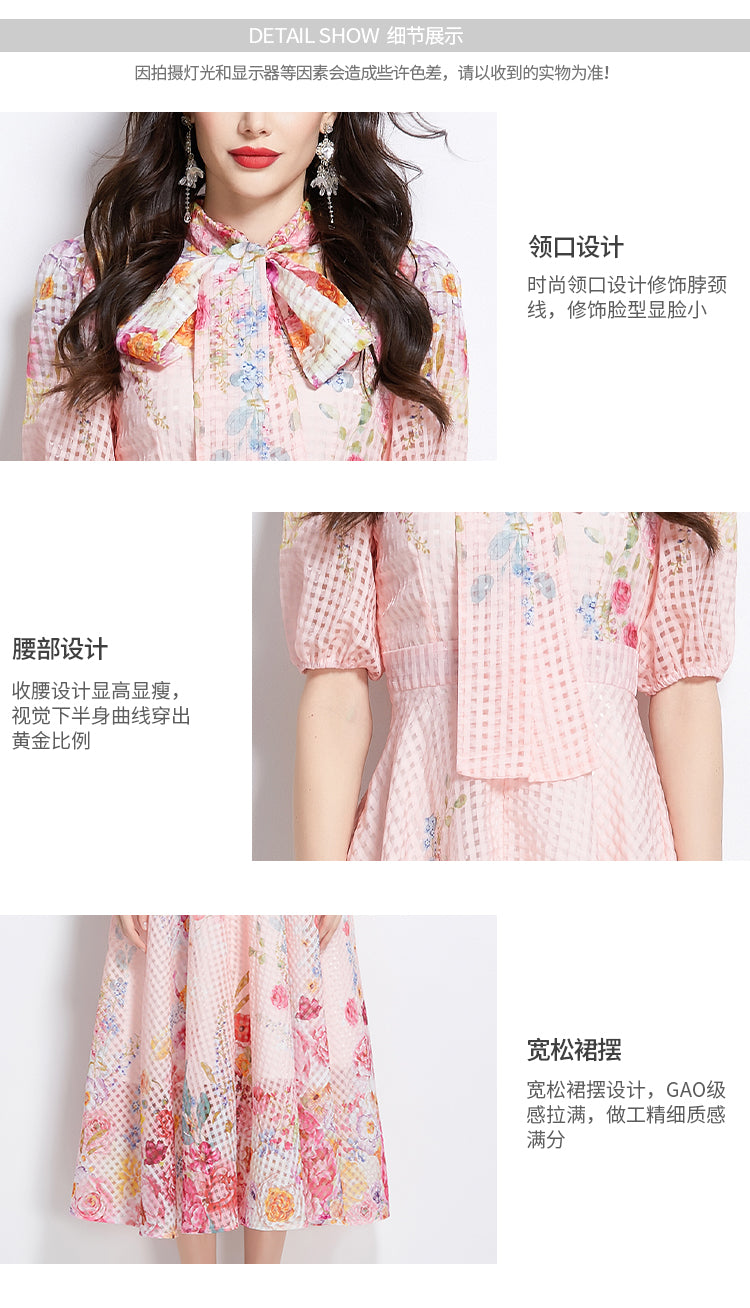 Original Design Spring/Summer Vacation New Oil Painting Flower Bubble Sleeve Medium length Dress