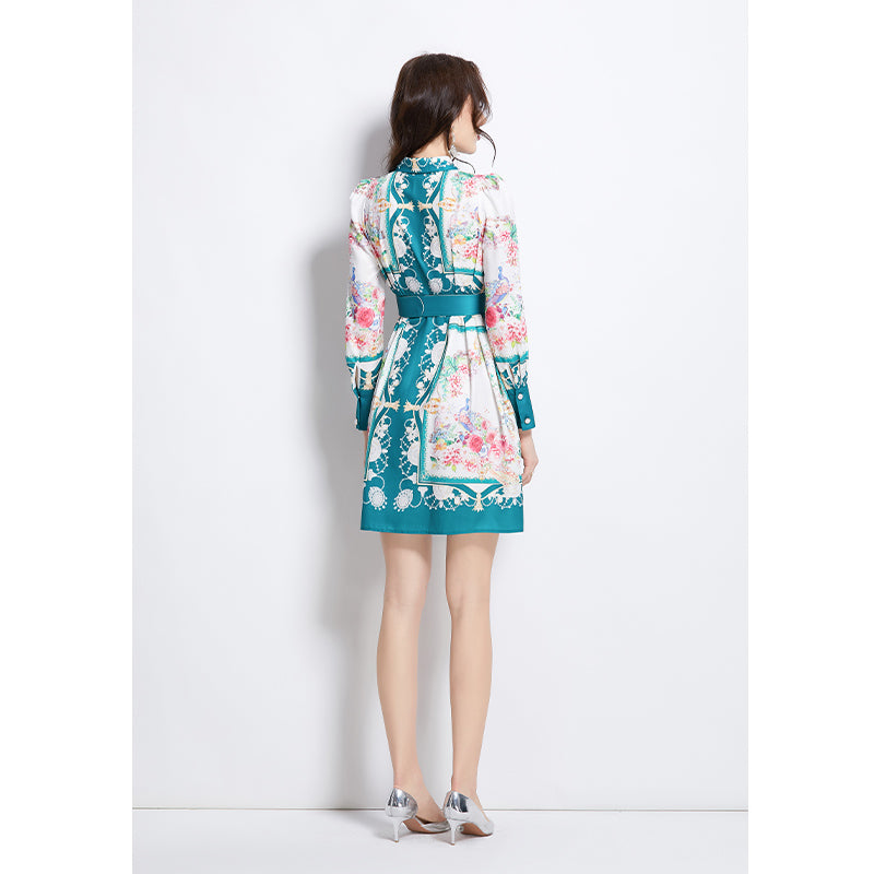 Original Design Spring/Summer/Autumn Vacation Retro Oil Painting Printed Collar Short Dress