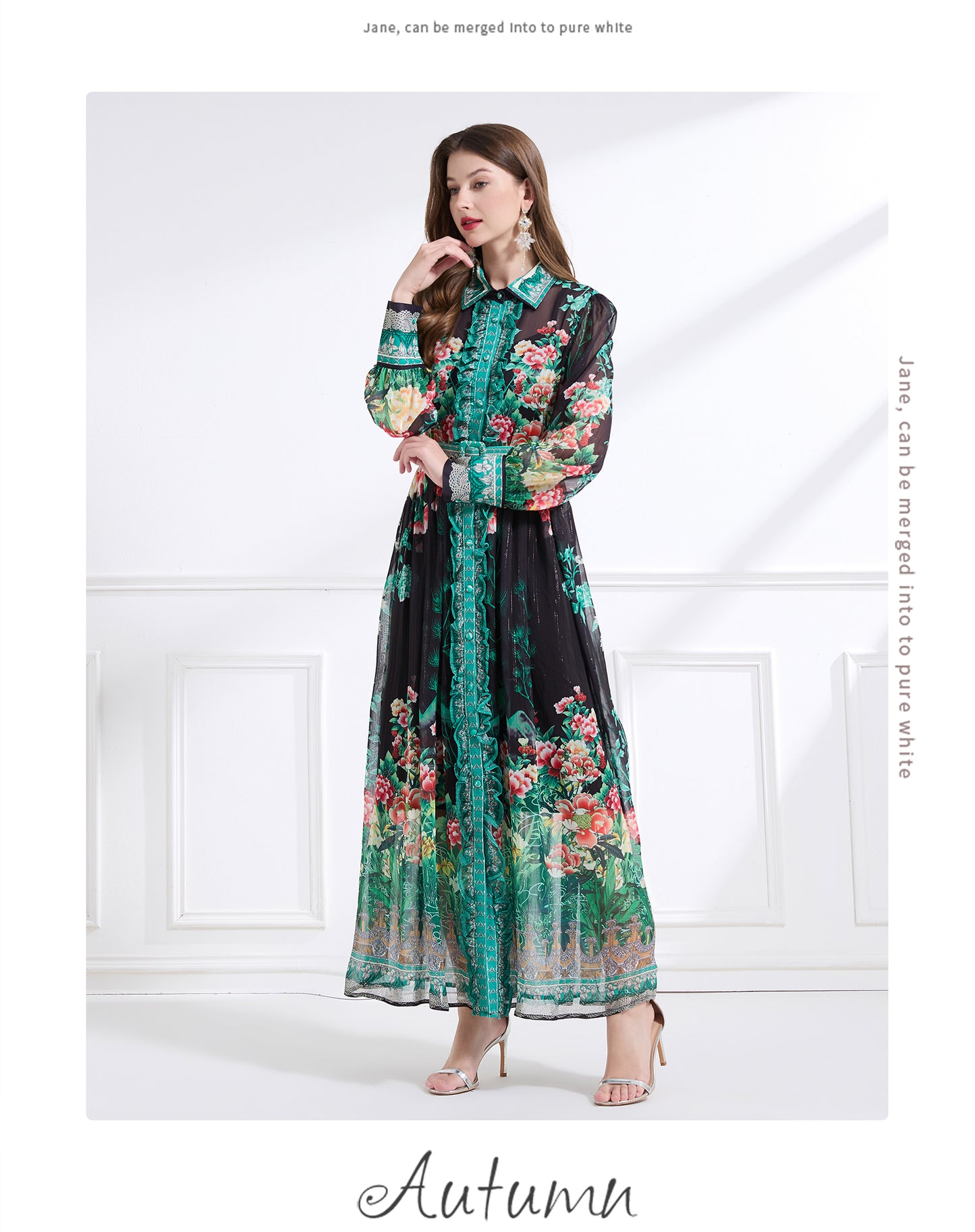 Original design - Spring/Summer, Autumn chiffon shirt collar print, long sleeves, cinched waist, ruffled maxi skirt