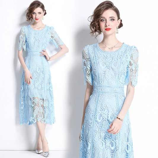 Original design temperament short sleeved skirt slim fit waist cinching heavy industry water-soluble lace dress for women