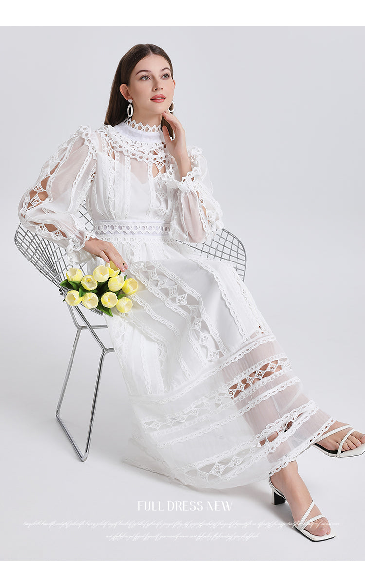 Art cut-out embroidered solid color French maxi skirt waist temperament women's dress