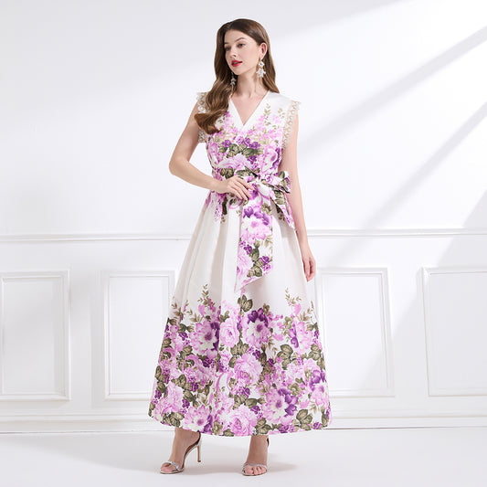 Original design - spring, summer and autumn fake wind, small flying sleeves, flower fairy print, seaside waist ruffle tie long skirt