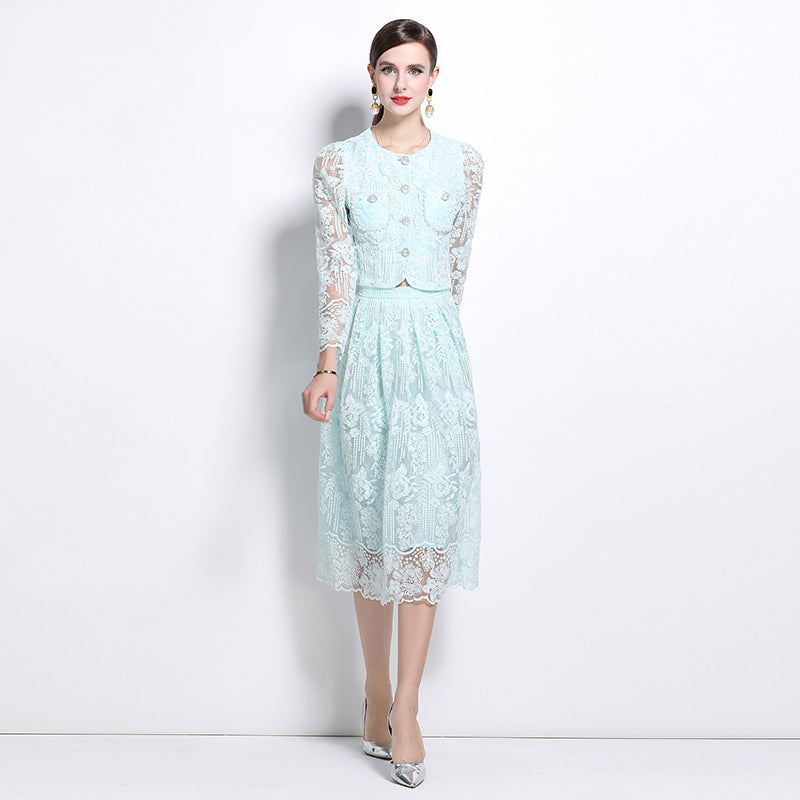 Original design for spring and summer long sleeved small fragrance style set light luxury temperament water-soluble lace skirt two-piece set