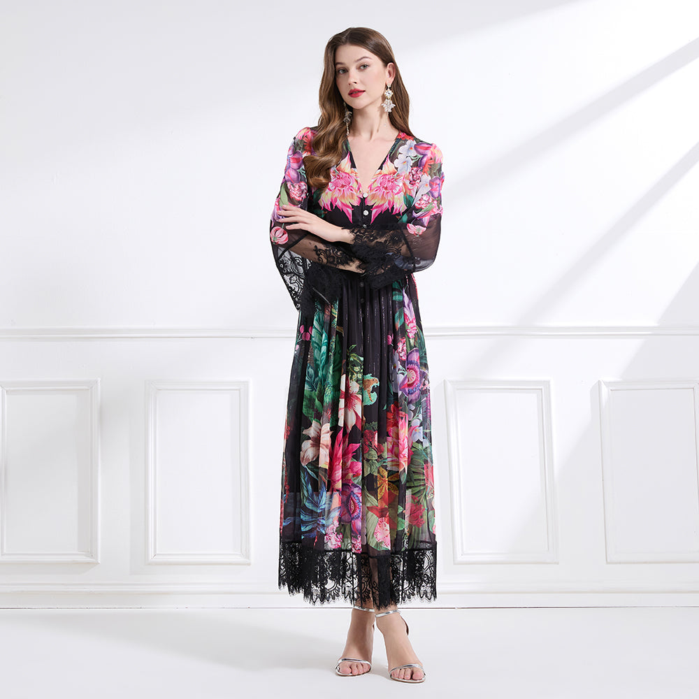 Original design Spring/summer resort V-neck lace print suit with waist ruffle maxi dress
