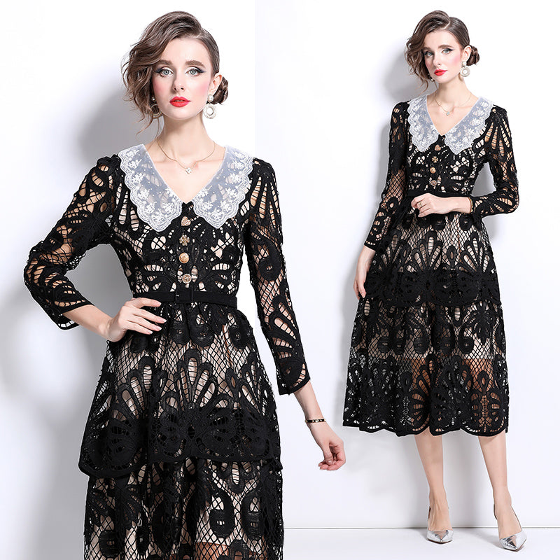 Original Design: Spring and Summer High End Water soluble Embroidered Medium length Skirt with V-neck and Waist cinching to Look Thin Dress