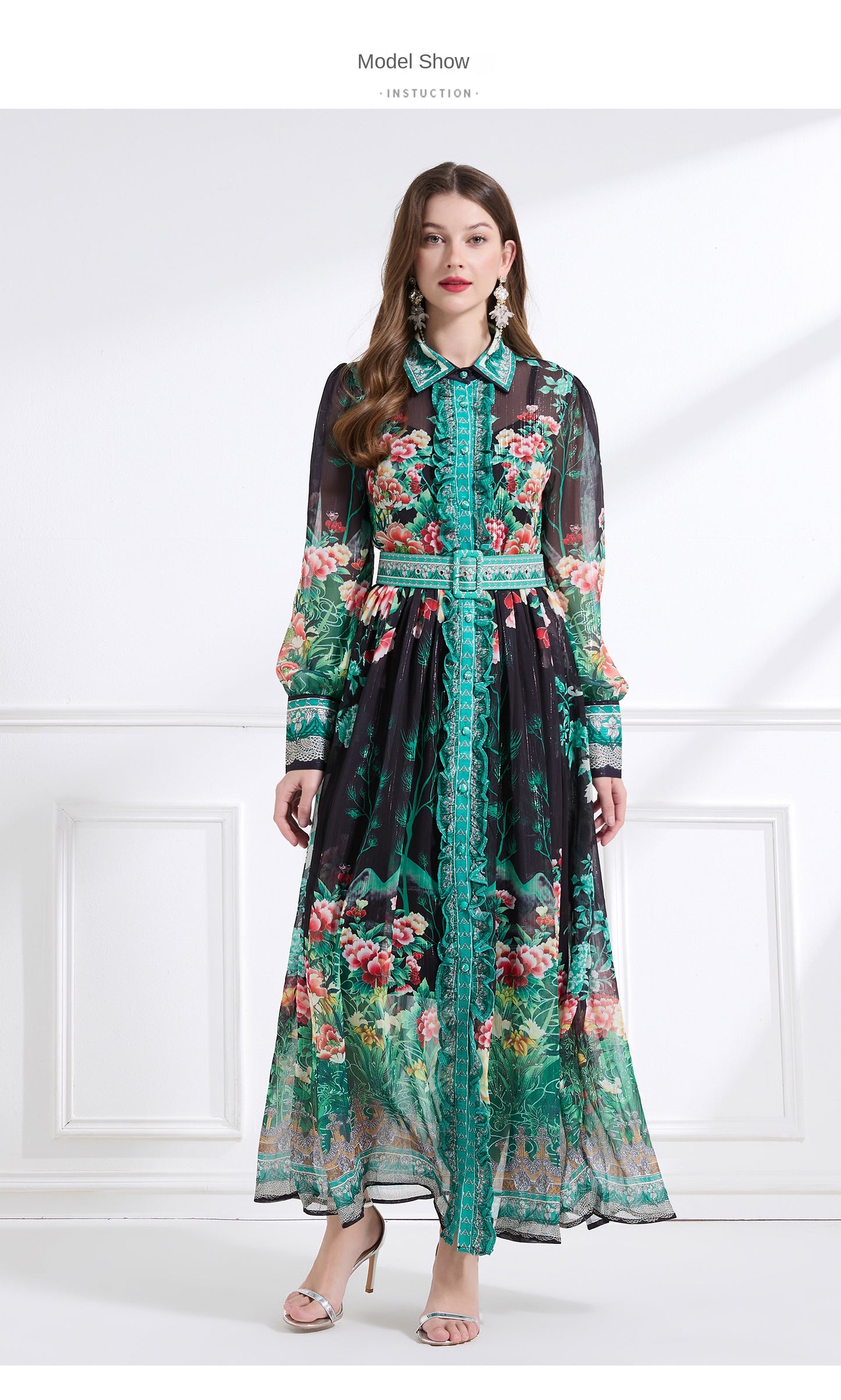 Original design - Spring/Summer, Autumn chiffon shirt collar print, long sleeves, cinched waist, ruffled maxi skirt
