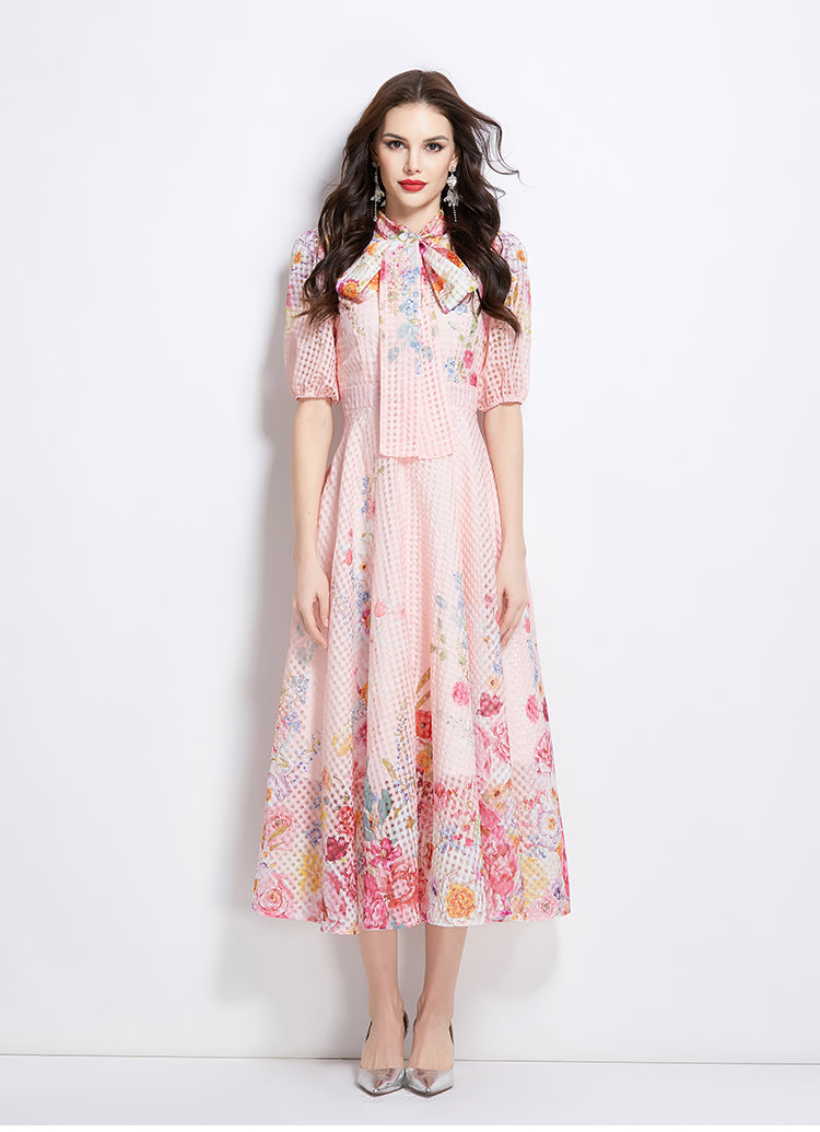 Original Design Spring/Summer Vacation New Oil Painting Flower Bubble Sleeve Medium length Dress