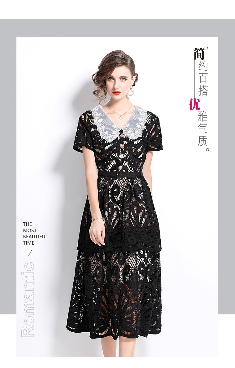 Original Design: Spring and Summer High End Water soluble Embroidered Medium length Skirt with V-neck and Waist cinching to Look Thin Dress