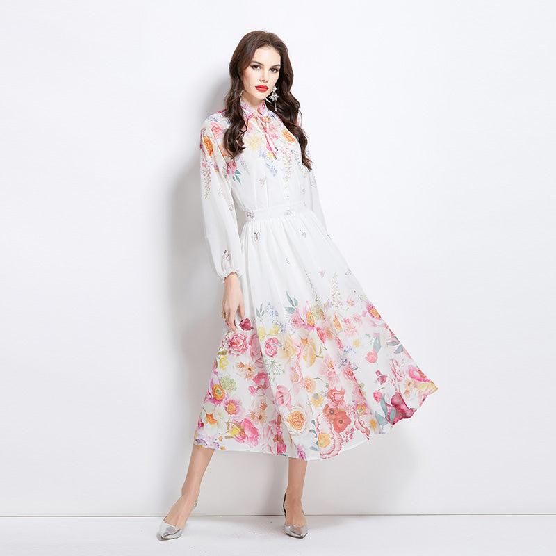 Original Design Spring Summer Autumn Vacation Lantern Sleeve Chiffon Shirt High Waist Half Skirt 2 Piece Set