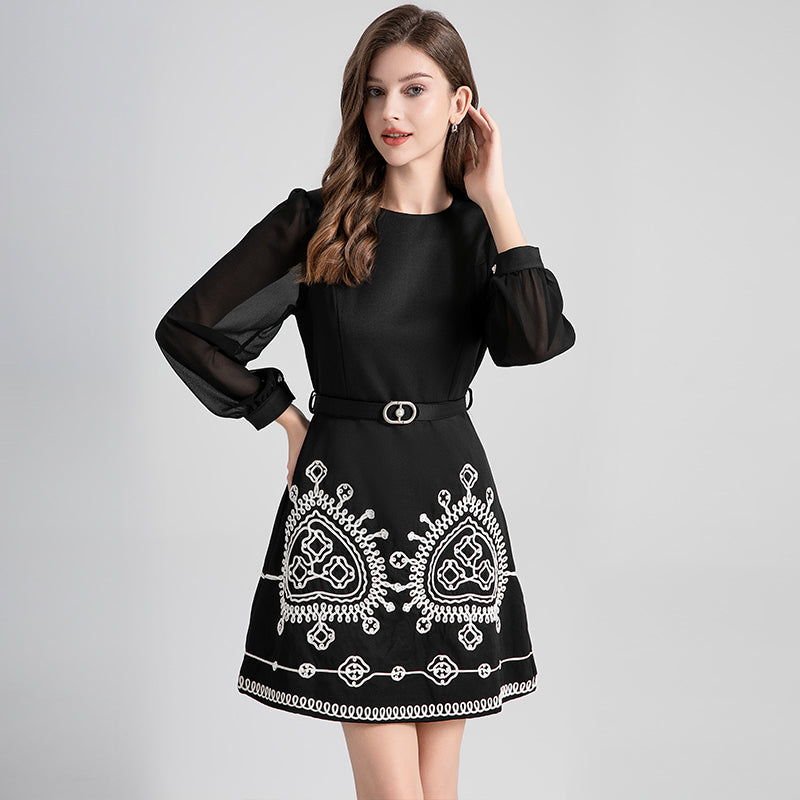 Original design - spring and summer art lace stitching color tweed small fragrance big bow ostrich feather dress