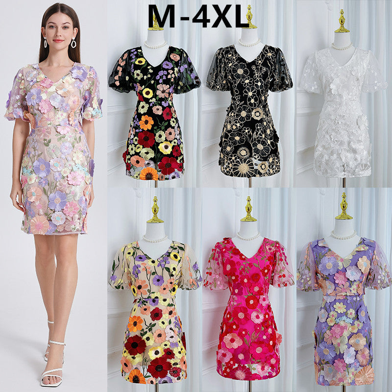 Art embroidery boutique handmade color stringing V-neck puff sleeve hip dress