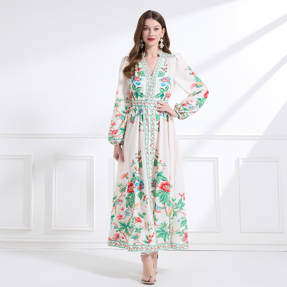 Original design Spring/summer resort-style V-neck, linen, floral, printed, balloon-sleeved, waist-cinching, ruffled maxi skirt