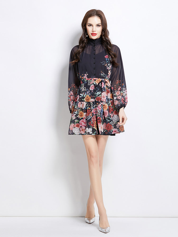 Original design for spring and summer vacation, new floral oil painting style stand up collar short dress