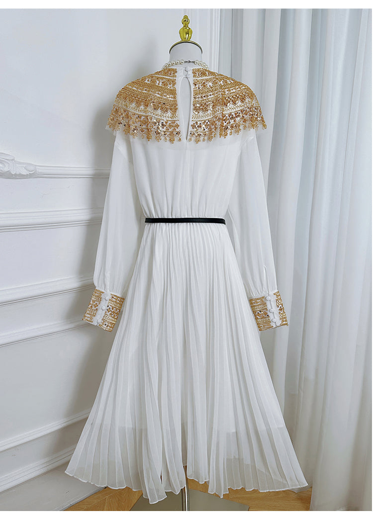 Original design premium pleated belt with gold beaded sequins draped over a chiffon pleated jumpsuit