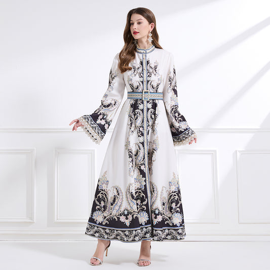 Original design - court-style vintage stand-up collar lace print tunic with large hem waist