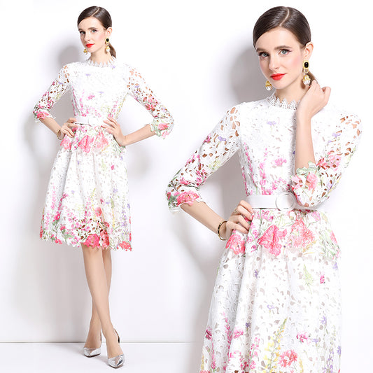 Original design mid long sleeved fashionable slimming hollow out water-soluble lace positioning mid length dress