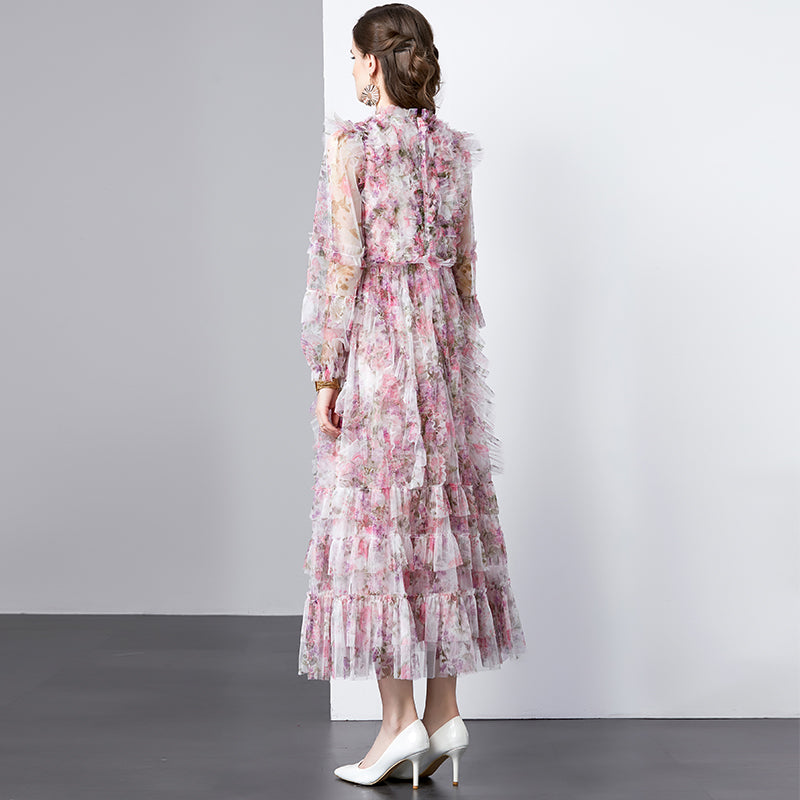 Original design graphic women's French purple and red flower print elegant temperament dress