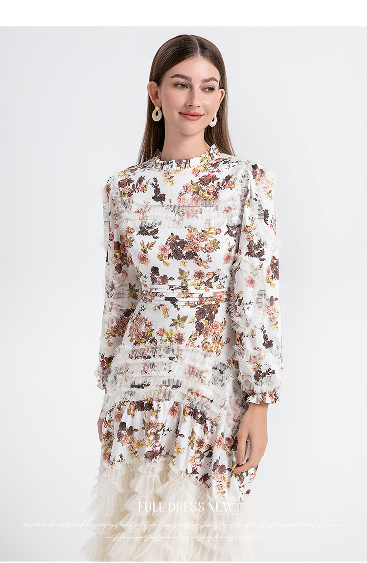 Artwork boutique print patchwork mesh fungus trimmed French court-style women's dress