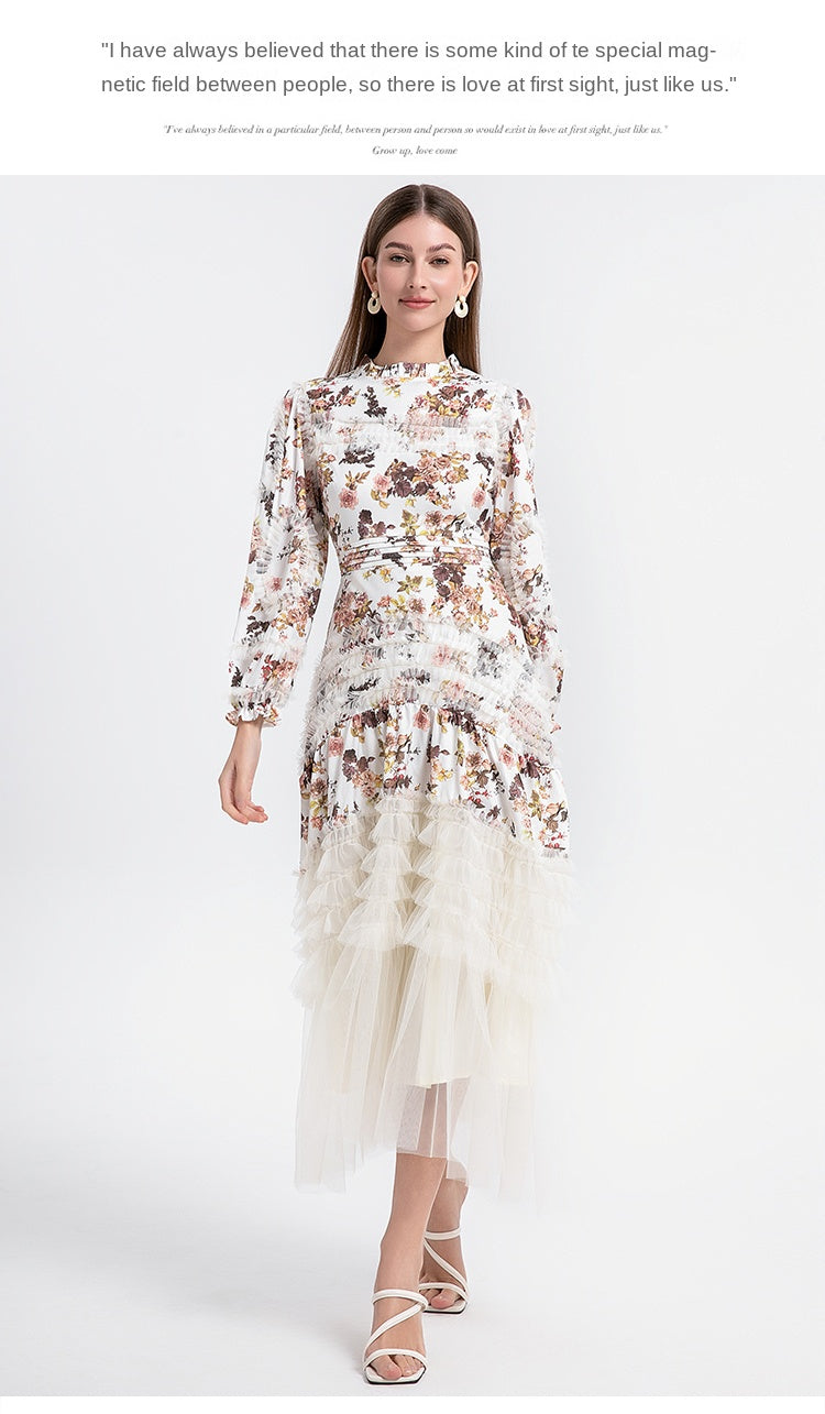 Artwork boutique print patchwork mesh fungus trimmed French court-style women's dress