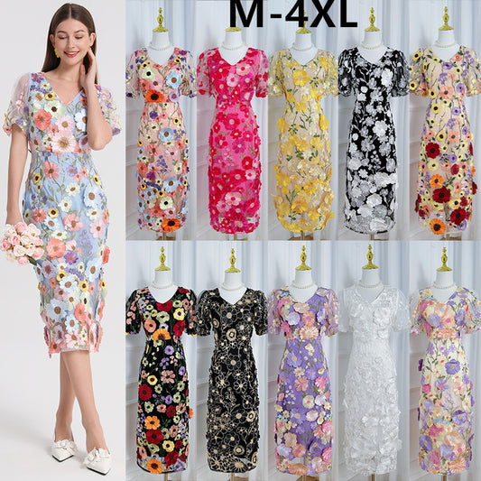 Art embroidery boutique color hand-ordered vintage V-neck slit wrap hip dress