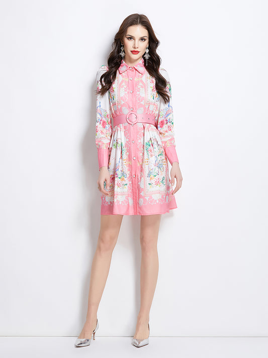 Original Design Spring/Summer/Autumn Vacation Retro Oil Painting Printed Collar Short Dress